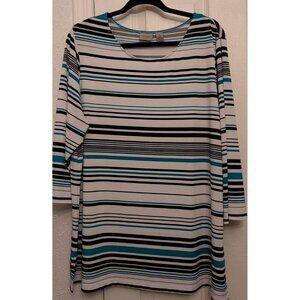 CHICO'S EASYWEAR Women's Size 3 Blouse Top Black White Aqua Striped 3/4 Sleeves